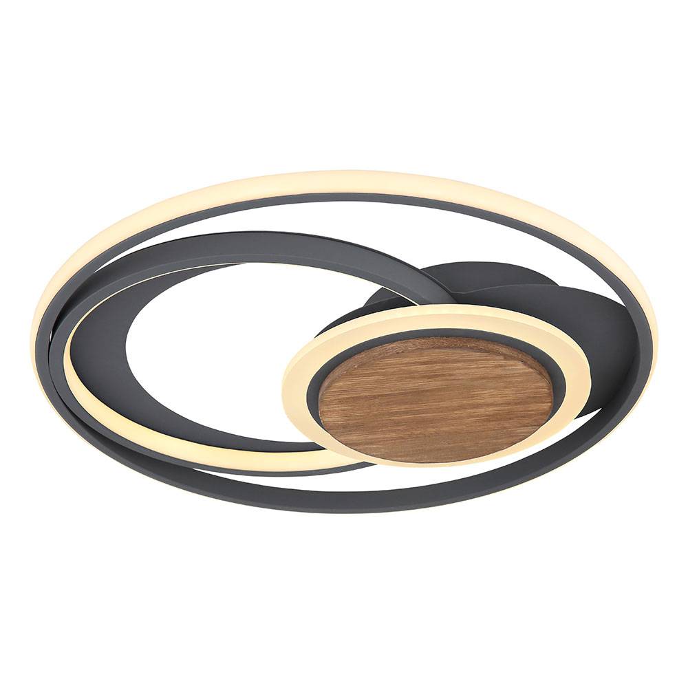 Deckenleuchte Holz Deckenlampe LED Wohnzimmerlampe Deckenlampe in rundem Design, Metall, graphit dunkelbraun, 45W 1500lm 3000K, DxH 49,5x8 cm