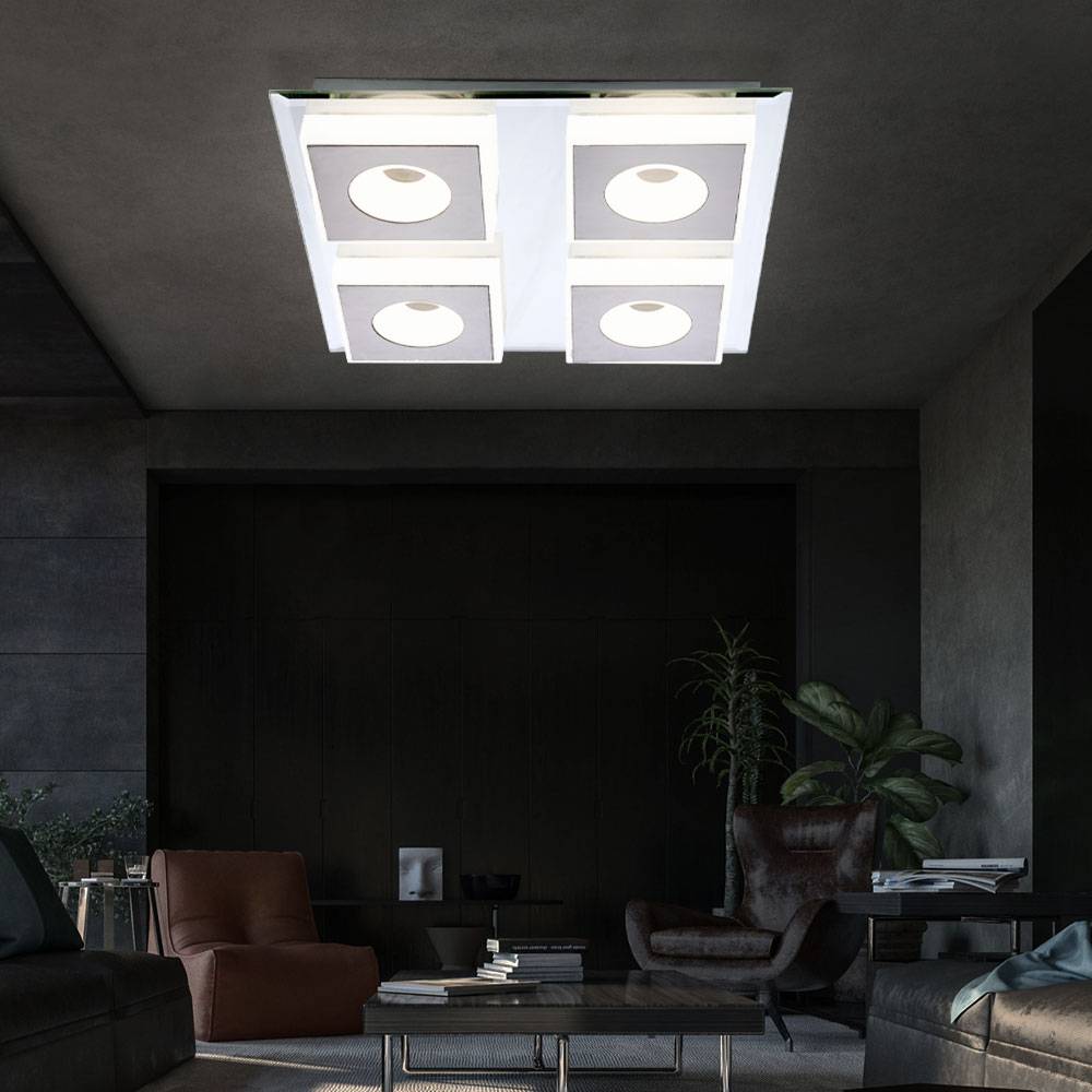 Wohnzimmerlampe Deckenlampe Deckenleuchte Schlafzimmerlampe, 4 flammig Metall Spiegel Nickel matt, 4x LED 6W 245Lm warmweiß, LxBxH 33x33x5cm