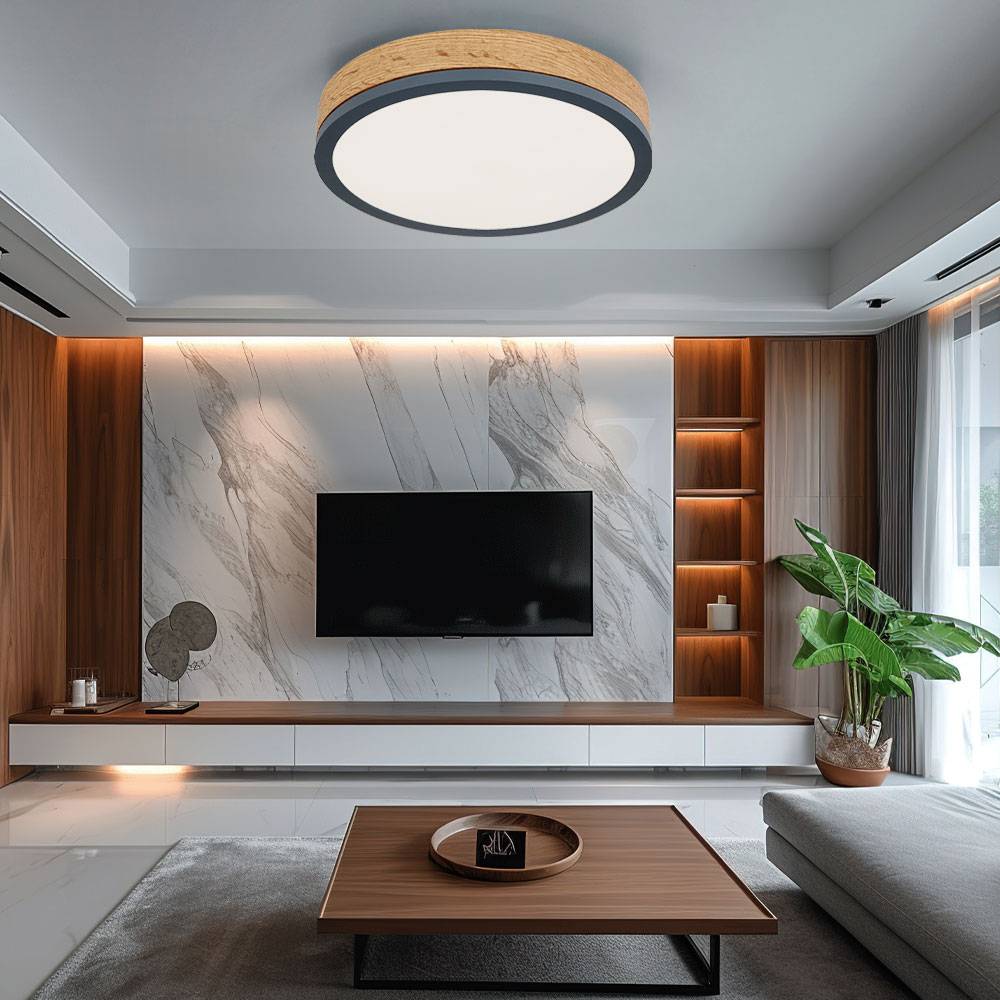 Deckenleuchte Designleuchte Deckenlampe Wohnzimmerleuchte Küche Holzoptik, Metall opal graphit, 1x LED 12 Watt 950 Lumen warmweiß, DxH 30x8,5 cm