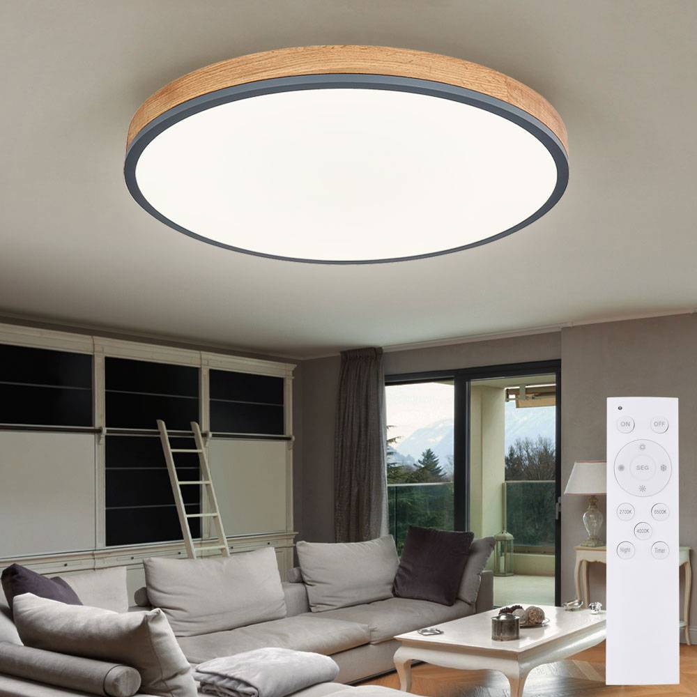 Deckenleuchte mit Fernbedienung LED Deckenlampe dimmbar Wohnzimmerlampe, CCT Nachtlicht, Alu Holzoptik, 1x LED 40W 3500Lm, D 60 cm
