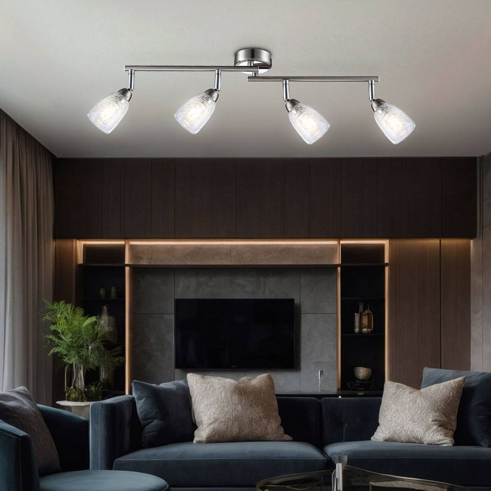 Deckenleuchte Wohnzimmerlampe Spotleiste Chrom Deckenlampe Esszimmer, bewegliche Glasspots in Crackle-Design, 4x LED 3W 250lm 3000K, LxH 60x 14 cm