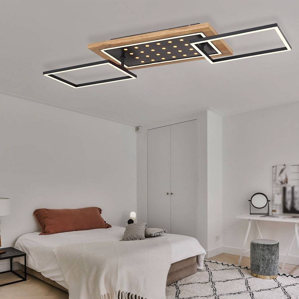 LED Deckenlampe schwarz Esszimmerleuchte Wohnzimmerlampe Holz Optik, LED Rahmen schwenkbar 3 Stufen Beleuchtung, Metall, 48W 2100lm 3000K, L 96cm