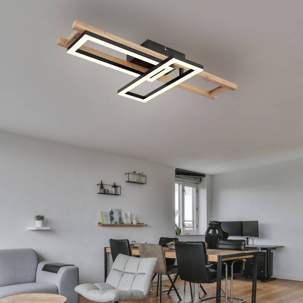 Deckenleuchte LED eckig Deckenlampe Holz Schlafzimmer Wohnzimmerlampe, 1 Rechteck verstellbar, Metall schwarz, 20W 850lm 3000k, LxH 69x10,5 cm