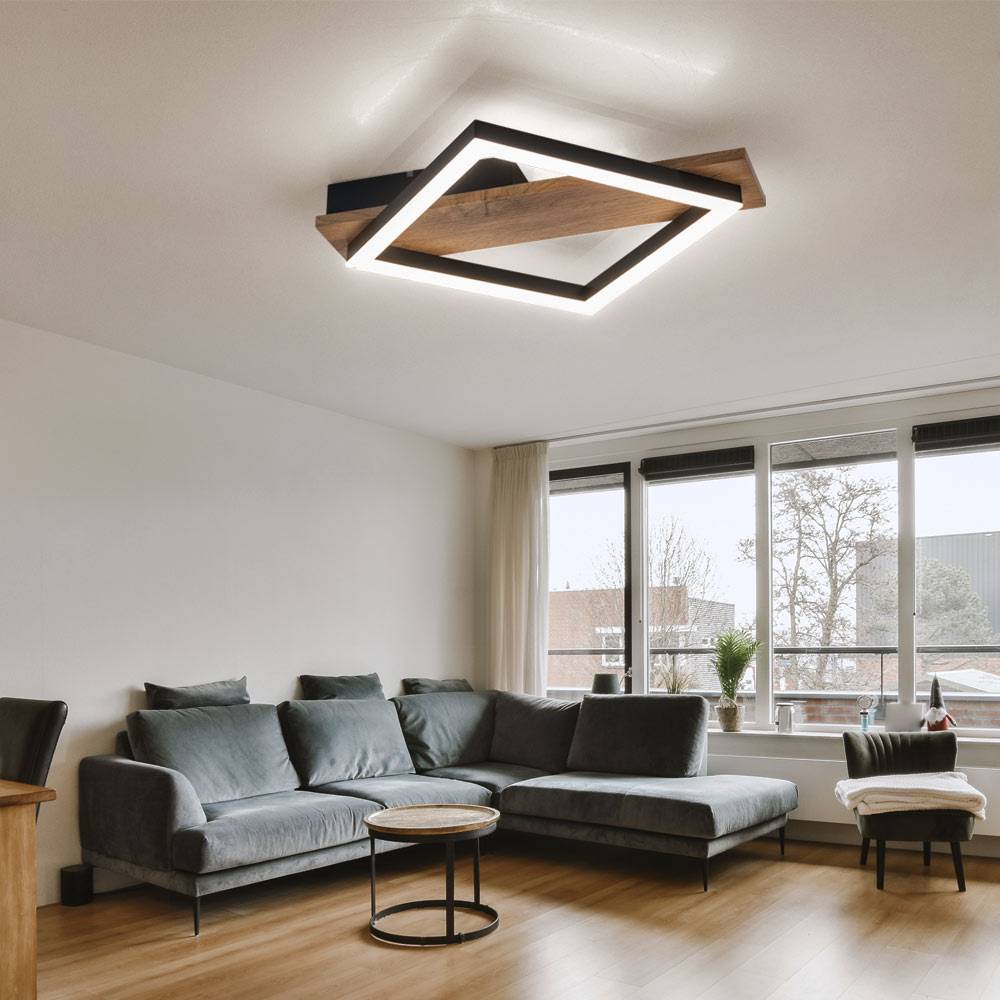 LED Deckenlampe Designlampe Wohnzimmerleuchte Esszimmerleuchte Küchenlampe, Metall Holzoptik Kunststoff schwarz, 12W 600lm 3000K warmweiß, H 5,5 cm