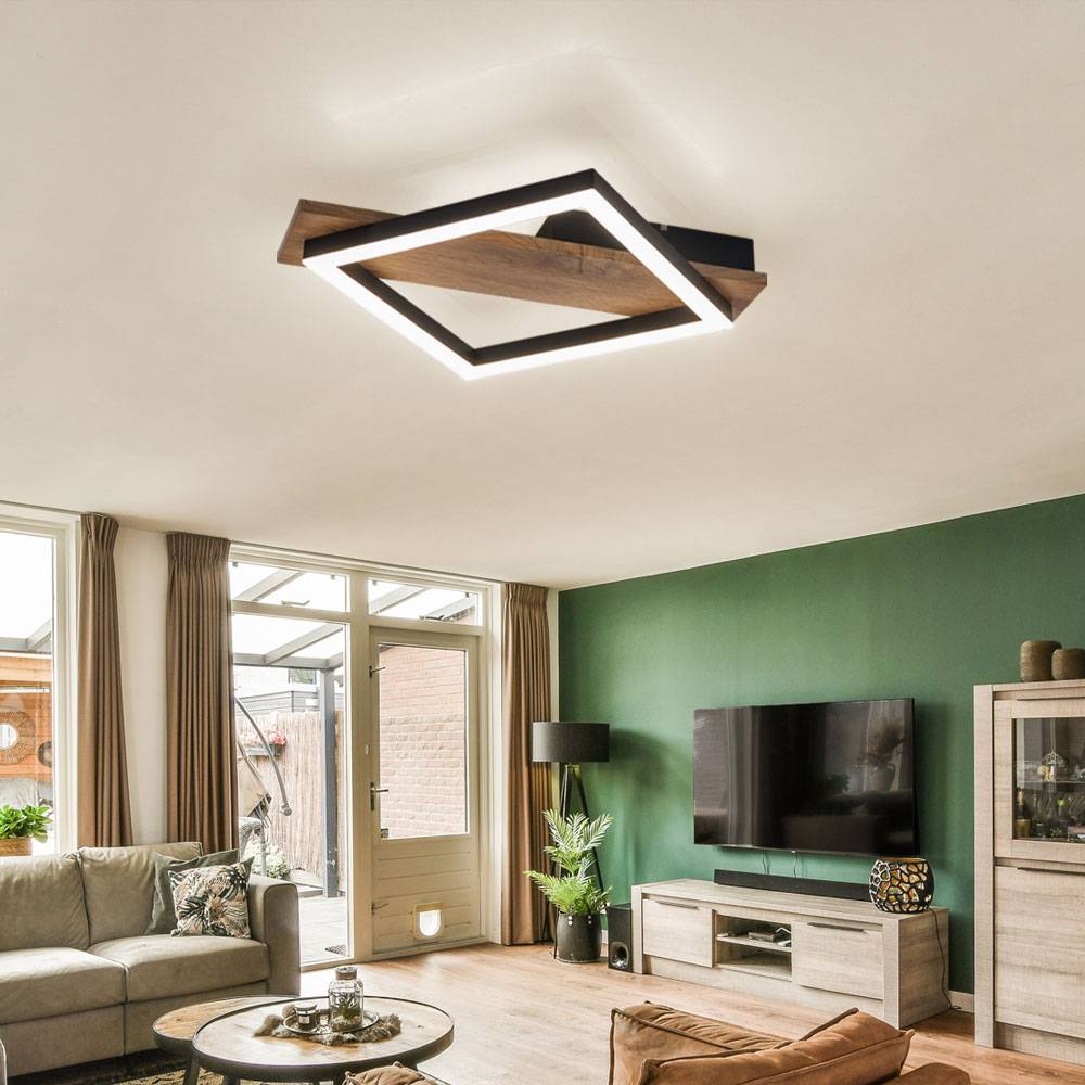 LED Deckenlampe Designlampe Wohnzimmerleuchte Esszimmerleuchte Küchenlampe, Metall Holzoptik Kunststoff schwarz, 12W 600lm 3000K warmweiß, H 5,5 cm