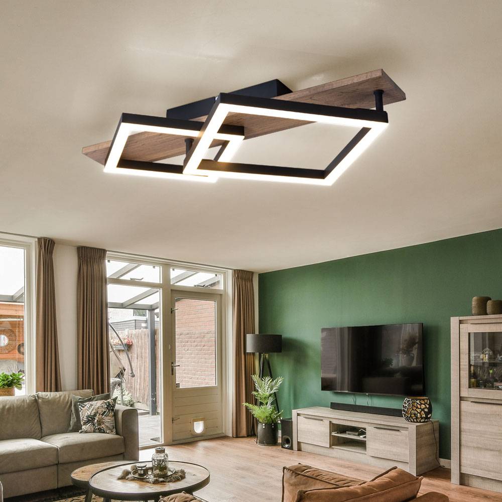 LED Deckenleuchte Designleuchte Wohnzimmerlampe Esszimmerlampe, Metall schwarz Holzoptik Kunststoff, 18W 1050lm 3000K warmweiß, L 47,5 cm