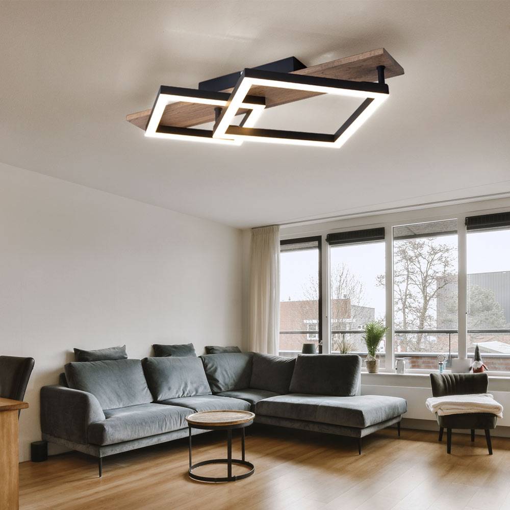 LED Deckenleuchte Designleuchte Wohnzimmerlampe Esszimmerlampe, Metall schwarz Holzoptik Kunststoff, 18W 1050lm 3000K warmweiß, L 47,5 cm