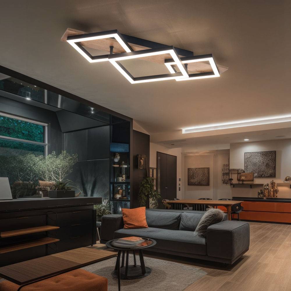 LED Deckenlampe Wohnzimmerlampe Deckenleuchte Esszimmerleuchte Küchenlampe, Metall Kunststoff Holzoptik schwarz, 24W 1400lm 3000K warmweiß, B 31 cm