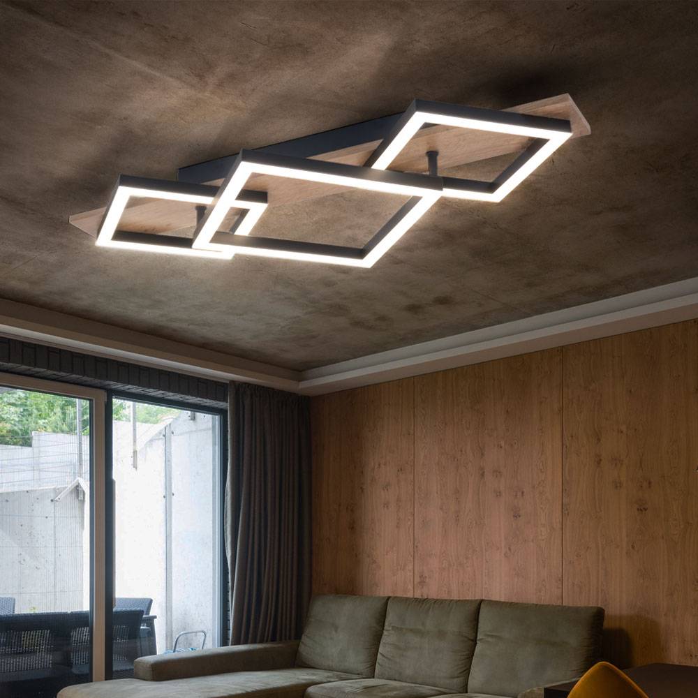 LED Deckenlampe Wohnzimmerlampe Deckenleuchte Esszimmerleuchte Küchenlampe, Metall Kunststoff Holzoptik schwarz, 24W 1400lm 3000K warmweiß, B 31 cm