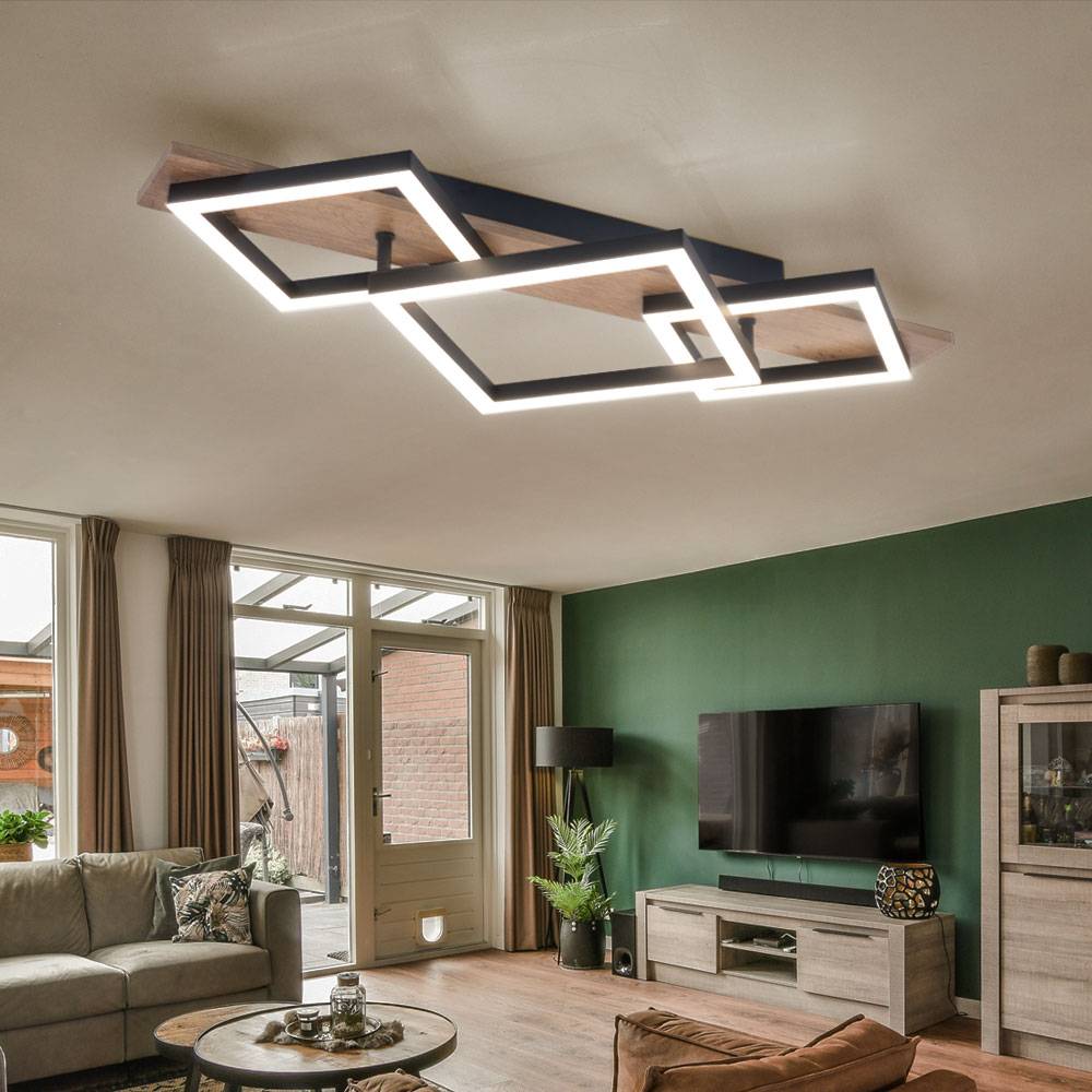 LED Deckenlampe Wohnzimmerlampe Deckenleuchte Esszimmerleuchte Küchenlampe, Metall Kunststoff Holzoptik schwarz, 24W 1400lm 3000K warmweiß, B 31 cm