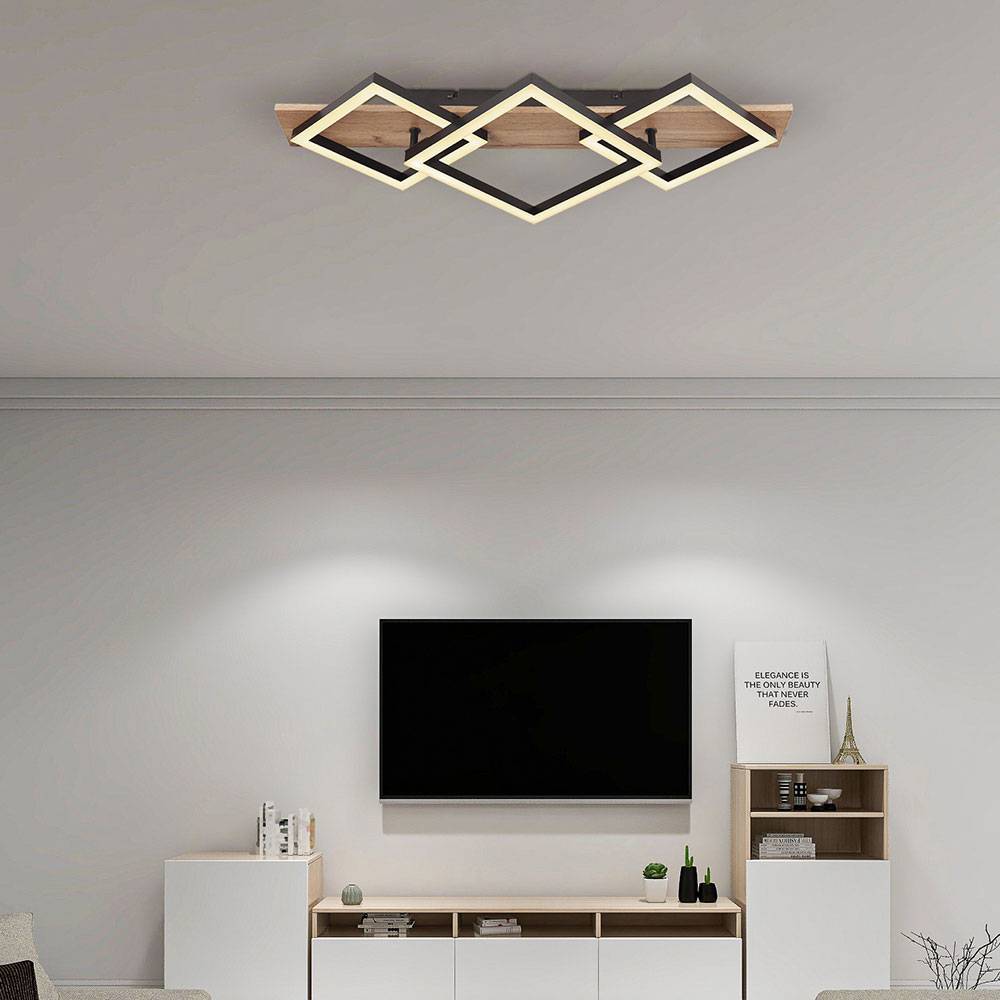 LED Deckenlampe Wohnzimmerlampe Deckenleuchte Esszimmerleuchte Küchenlampe, Metall Kunststoff Holzoptik schwarz, 24W 1400lm 3000K warmweiß, B 31 cm