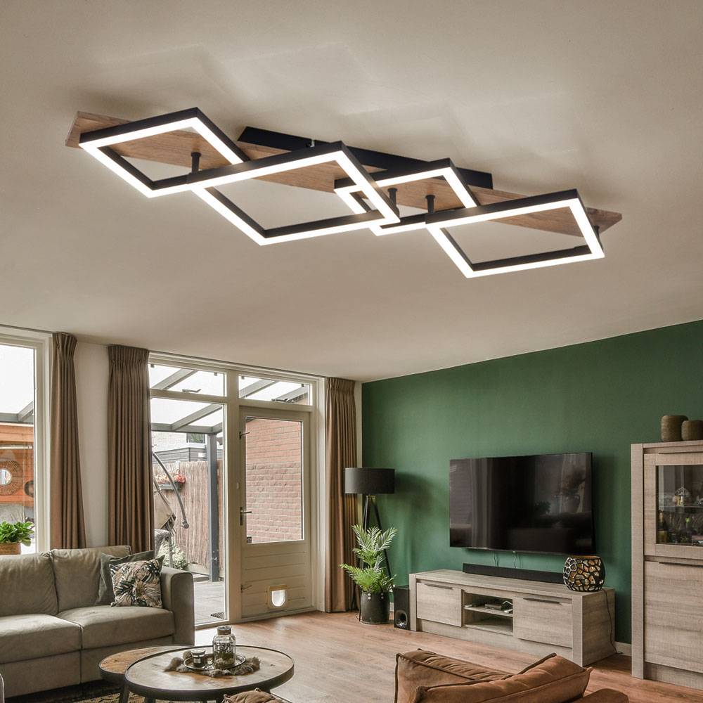 LED Deckenleuchte Esszimmerlampe Wohnzimmerleuchte Deckenleuchte Schlafzimmerlampe, Metall schwarz Holzoptik, 30W 1700lm 3000K warmweiß, L 82 cm