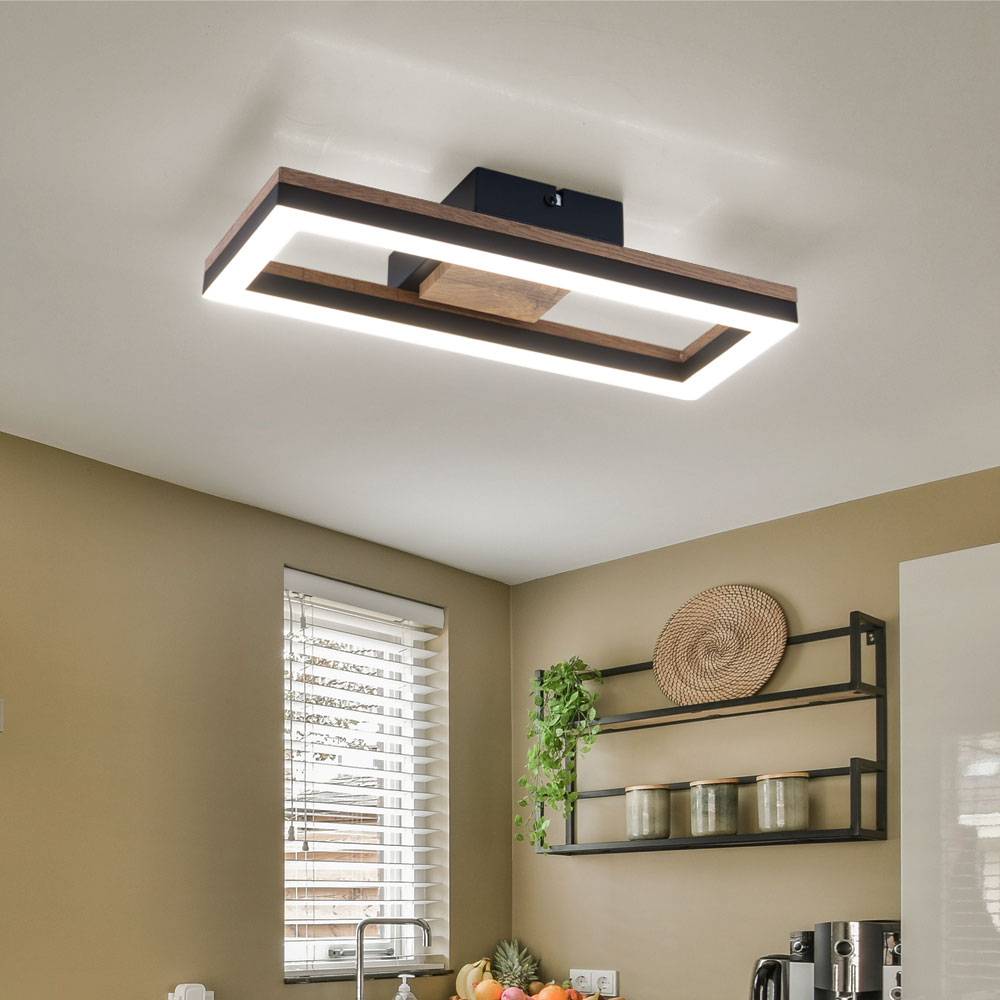 LED Deckenlampe Deckenleuchte Wohnzimmerleuchte Esszimmerlampe Schlafzimmerlampe, Metall Holzoptik schwarz Kunststoff, 12W 600lm 3000K warmweiß,