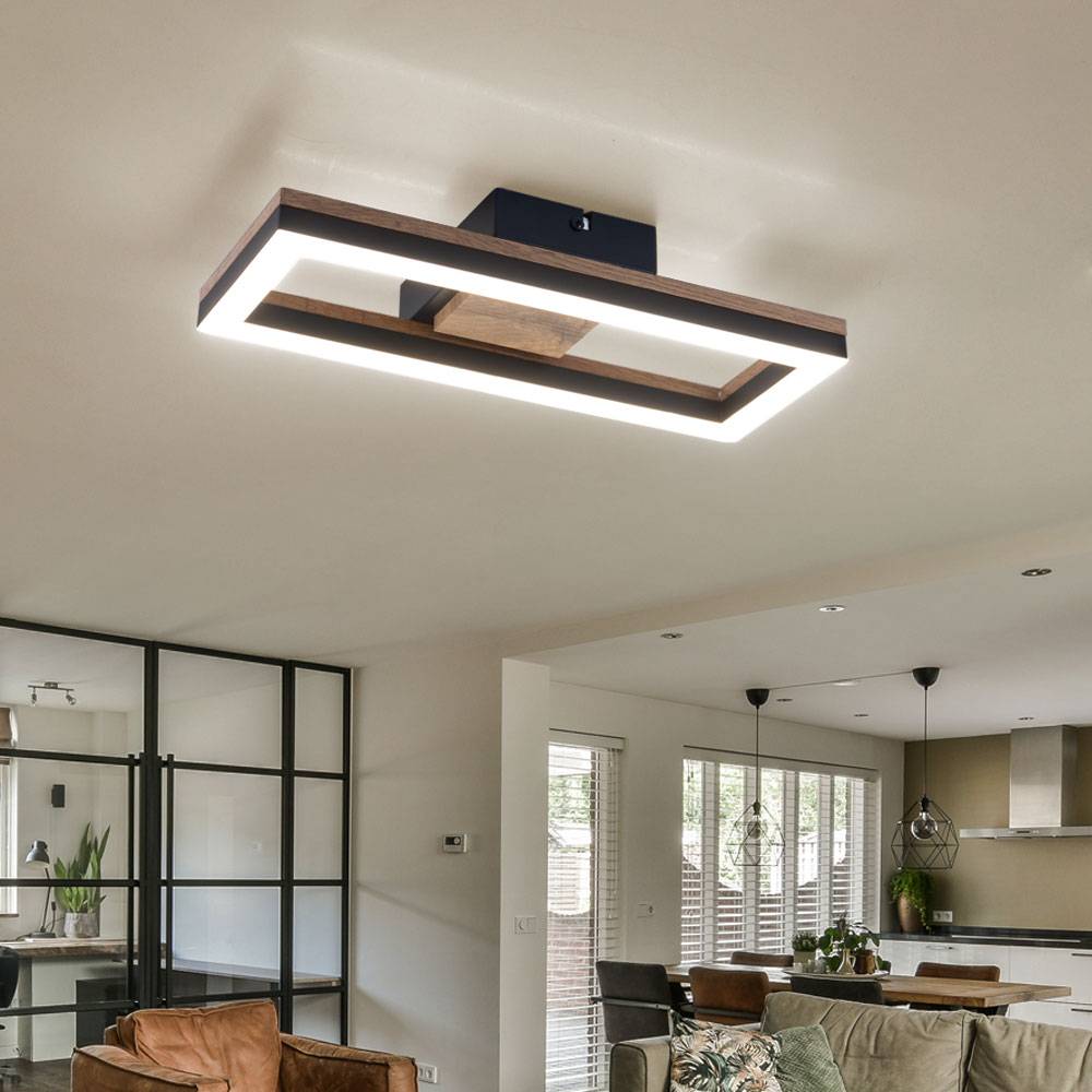 LED Deckenlampe Deckenleuchte Wohnzimmerleuchte Esszimmerlampe Schlafzimmerlampe, Metall Holzoptik schwarz Kunststoff, 12W 600lm 3000K warmweiß,