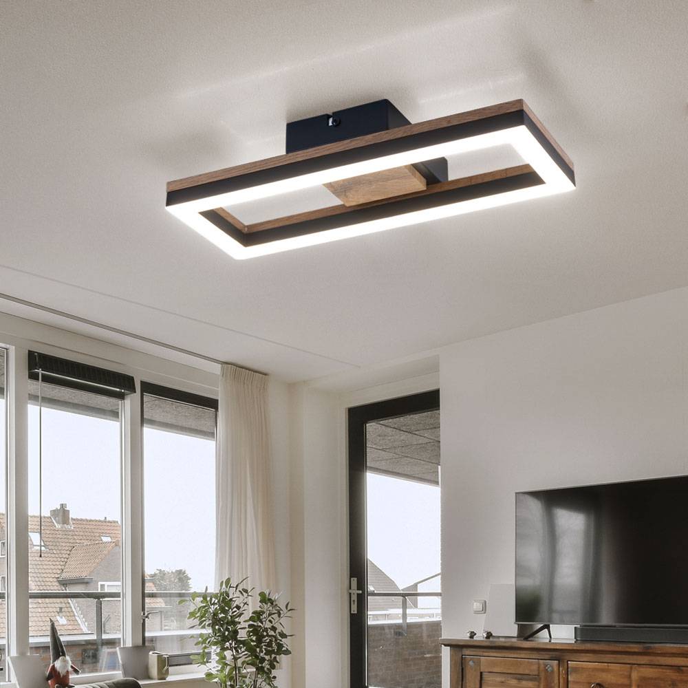 LED Deckenlampe Deckenleuchte Wohnzimmerleuchte Esszimmerlampe Schlafzimmerlampe, Metall Holzoptik schwarz Kunststoff, 12W 600lm 3000K warmweiß,