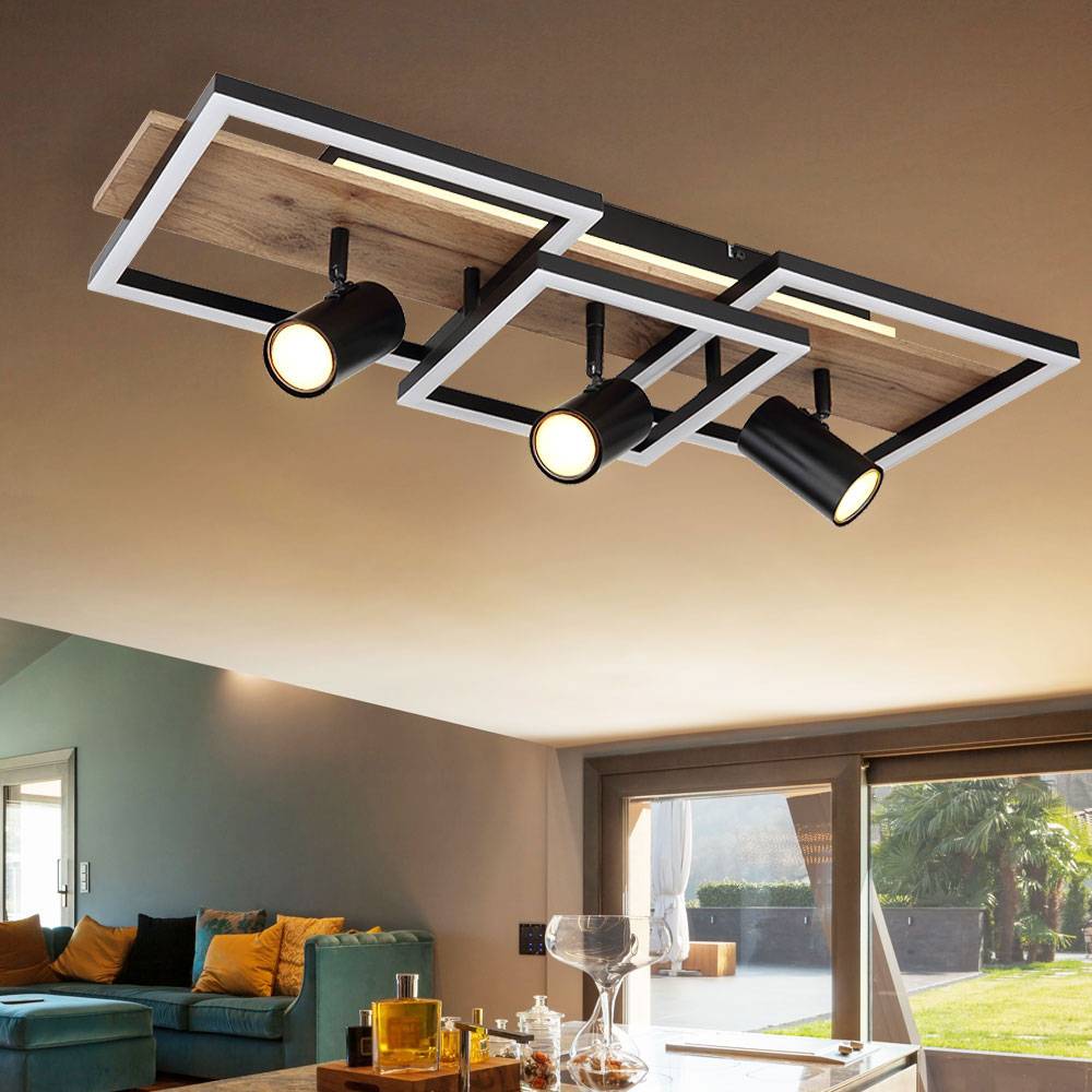 Deckenlampe schwarz Schlafzimmerlampe modern Deckenstrahler 3-flammig GU10, LED Holzoptik Memory, Metall, LED 48W 2300lm 3000K, LxBxH 72x27x18cm
