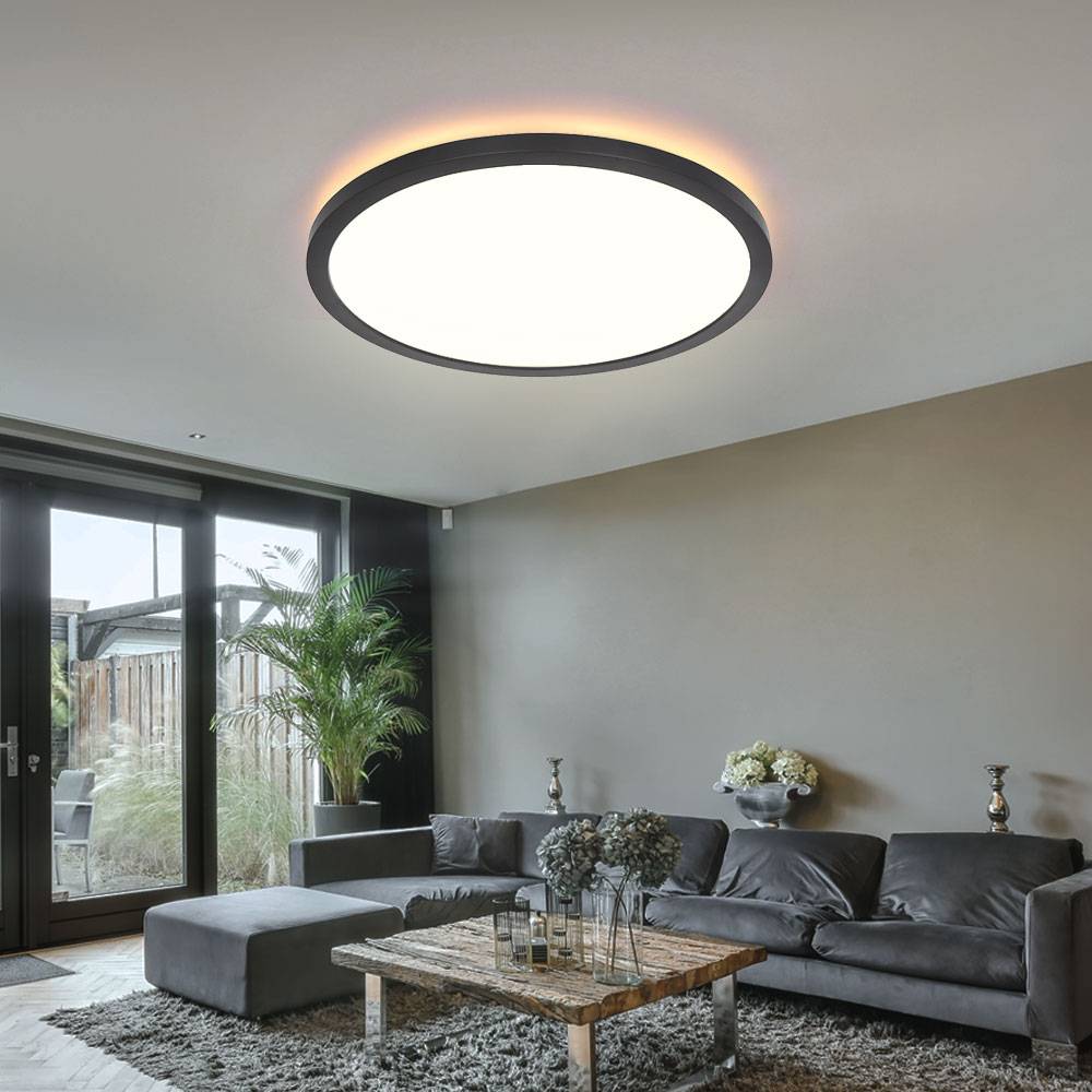 Deckenlampe schwarz Badezimmerleuchte dimmbar Wohnzimmerlampe Deckenleuchte, Backlight, IP44, 1x LED 18W 1500lm warmweiß, DxH 29,4x2,5 cm