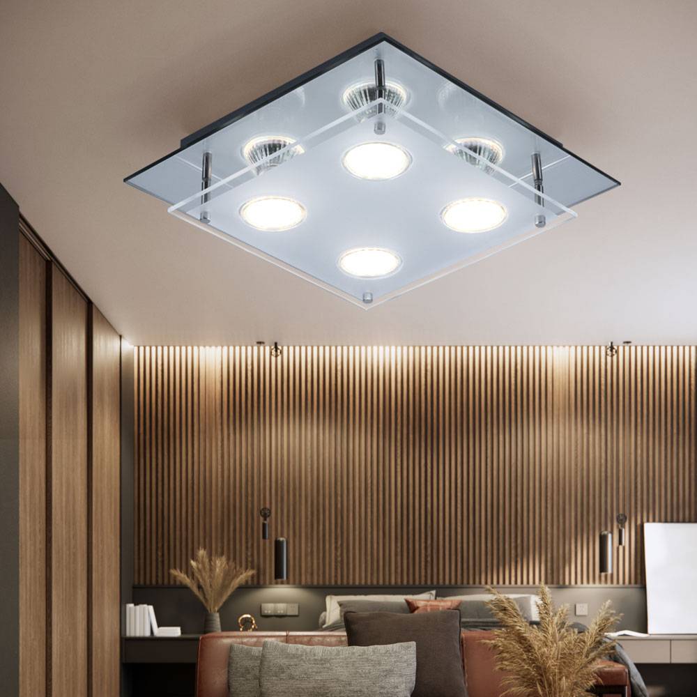 Deckenleuchte Lampe Schlafzimmerleuchte Glaslampe Wohnzimmer, 4 flammig, Chrom Glas Spiegelrand klar, 4x LED 12W 1000Lm 3000K, HxLxB 8x27x27 cm