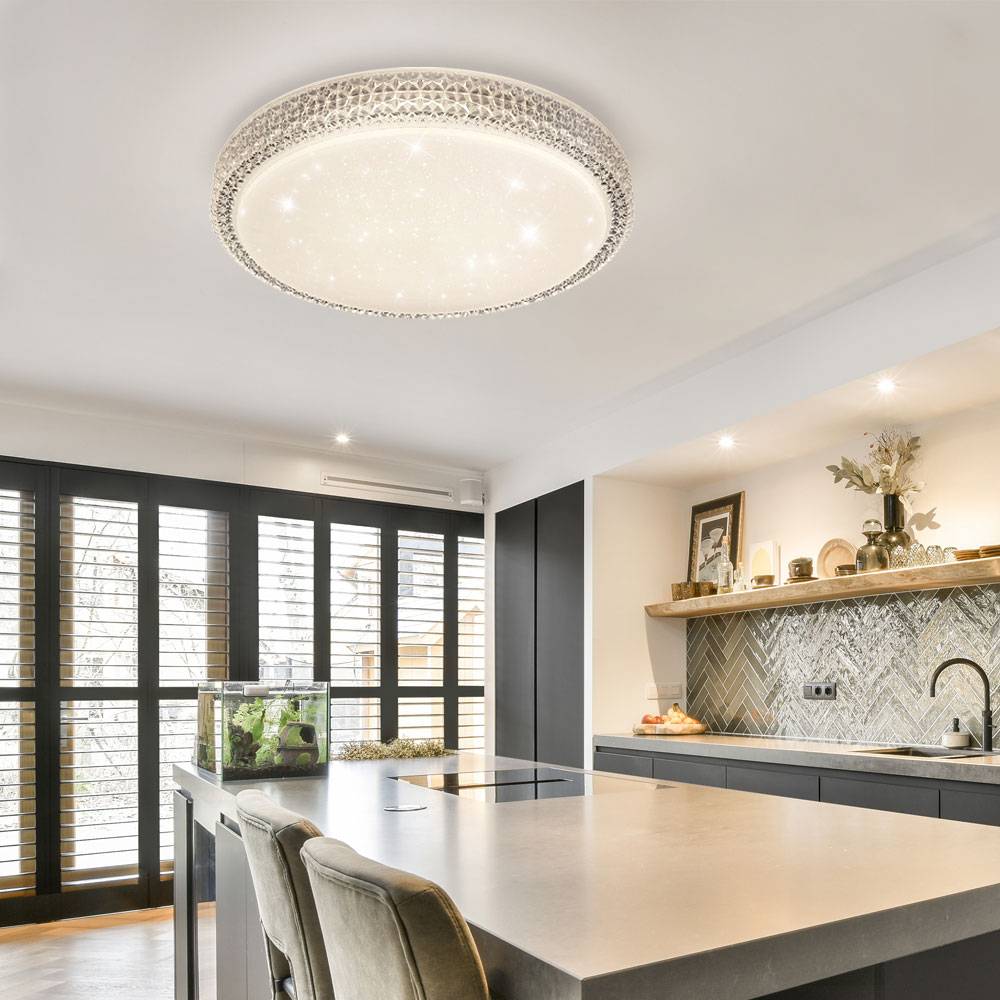 Deckenleuchte Kristallleuchte Rundlampe Deckenlampe Wohnzimmer, CCT Kristalldekor Sternenhimmel-Effekt, Metall klar weiß opal, 1x LED 22 Watt 1600