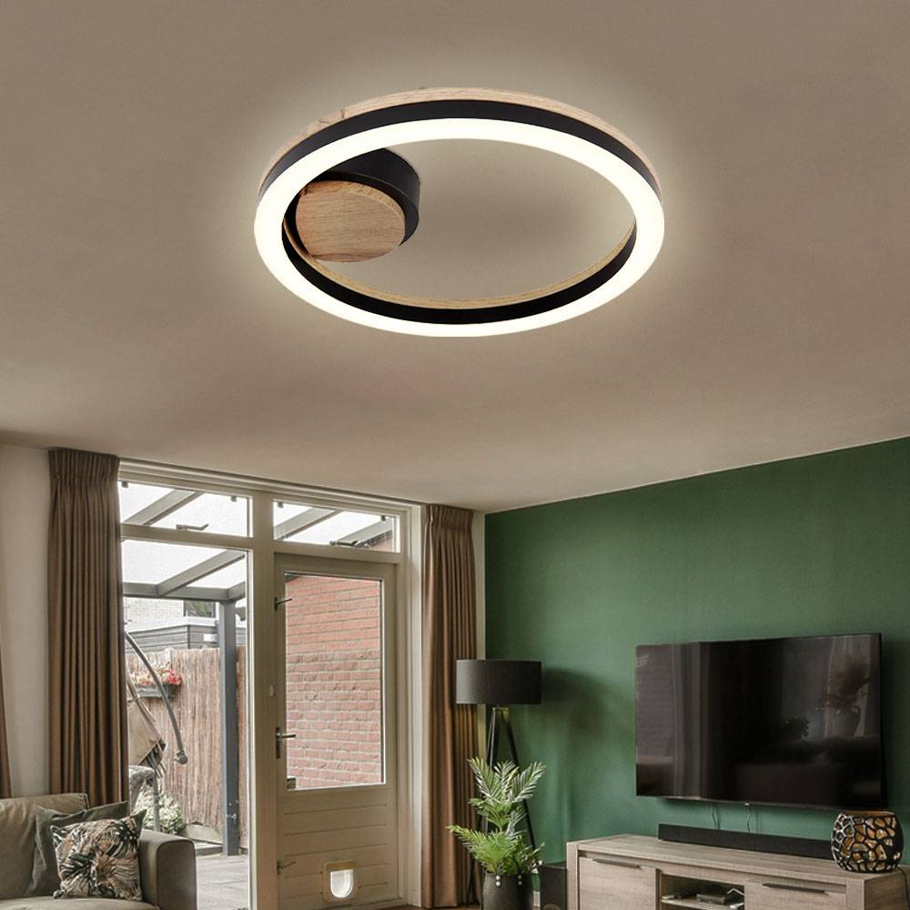 Deckenleuchte Deckenlampe LED Wohnzimmerlampe Flurleuchte, Metall schwarz Holzoptik MDF Kunststoff opal, 12W 600Lm 3000K warmweiß, D 30 cm