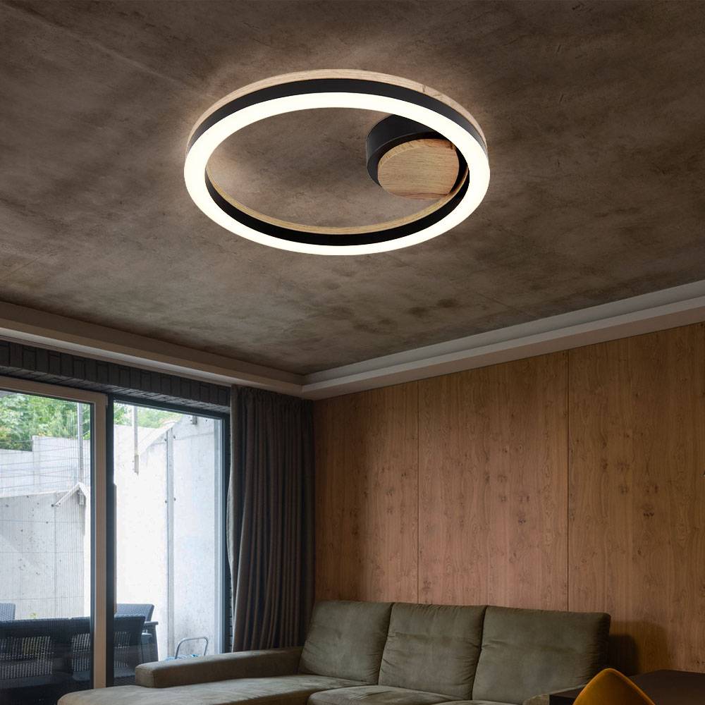 Deckenleuchte Deckenlampe LED Wohnzimmerlampe Flurleuchte, Metall schwarz Holzoptik MDF Kunststoff opal, 12W 600Lm 3000K warmweiß, D 30 cm
