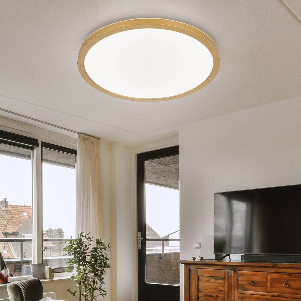 Deckenleuchte Badezimmerleuchte Deckenlampe Wohnzimmerleuchte Esszimmerlampe, Kunststoff Messing weiß, Backlight IP44 Memoryfunktion dimmbar, 18W