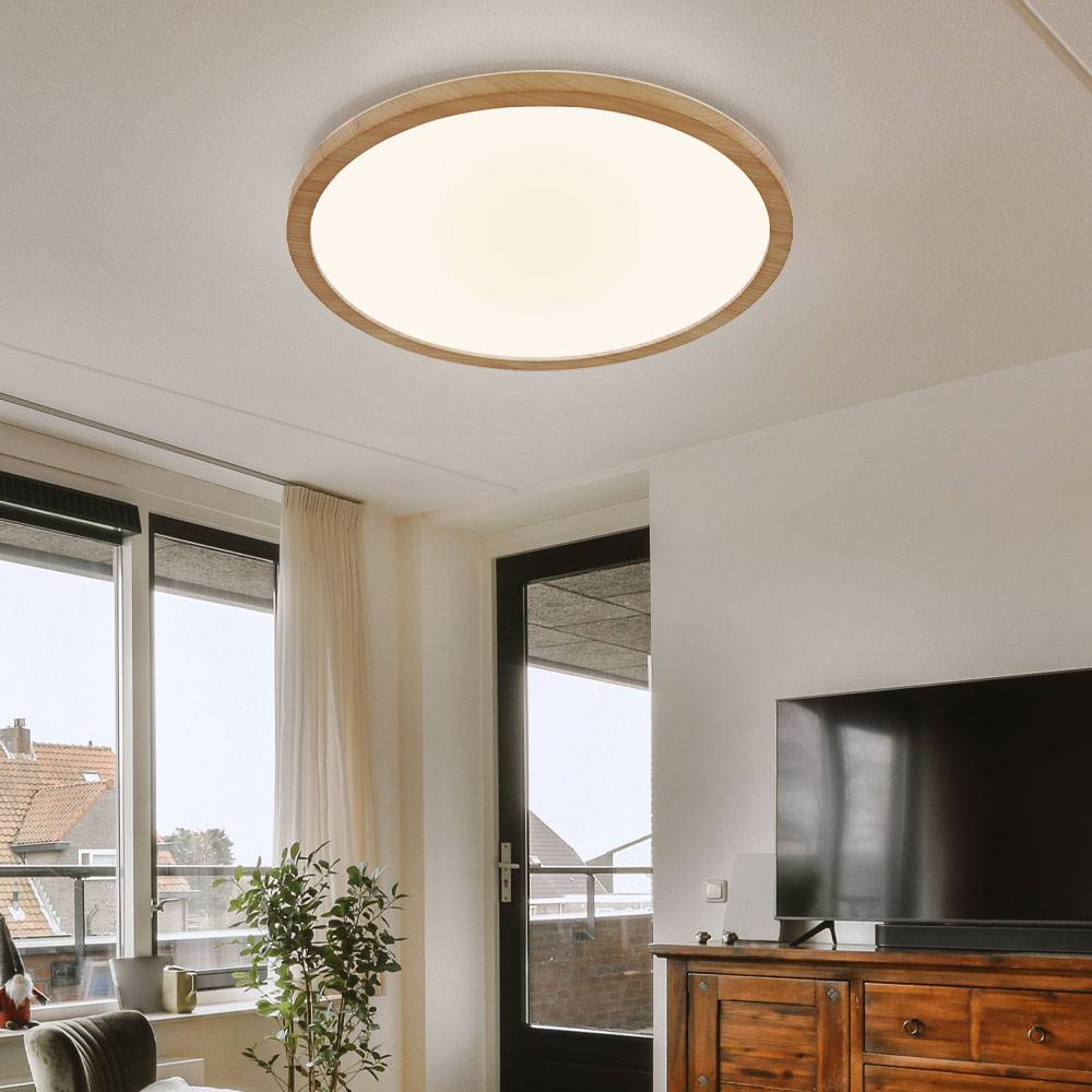 Deckenleuchte Badezimmer Badezimmerleuchte Holzoptik Deckenlampe dimmbar Bad, Backlight, 1x LED 18W 1600Lm warmweiß, DxH 29,4x2,5 cm