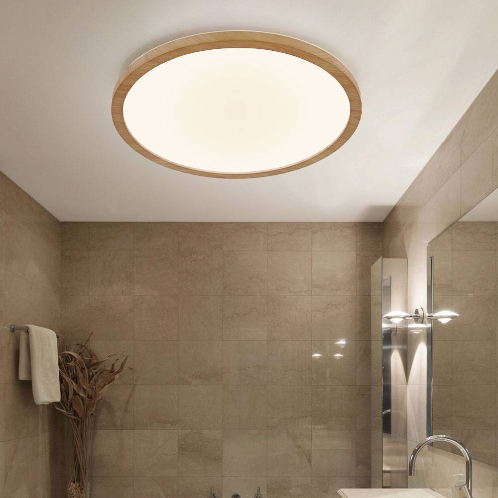 Deckenleuchte Badezimmer Badezimmerleuchte Holzoptik Deckenlampe dimmbar Bad, Backlight, 1x LED 18W 1600Lm warmweiß, DxH 29,4x2,5 cm