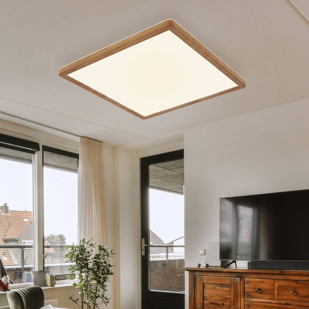 Deckenleuchte Badezimmerlampe Deckenlampe LED 3 Stufen Dimmer Wohnzimmerlampe, Backlight, Holzoptik, 18W 1600lm warmweiß, LxBxH 29,4x29,4x2,5 cm