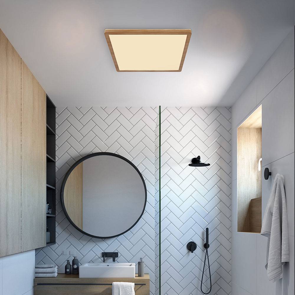 Deckenleuchte Badezimmerlampe Deckenlampe LED 3 Stufen Dimmer Wohnzimmerlampe, Backlight, Holzoptik, 18W 1600lm warmweiß, LxBxH 29,4x29,4x2,5 cm