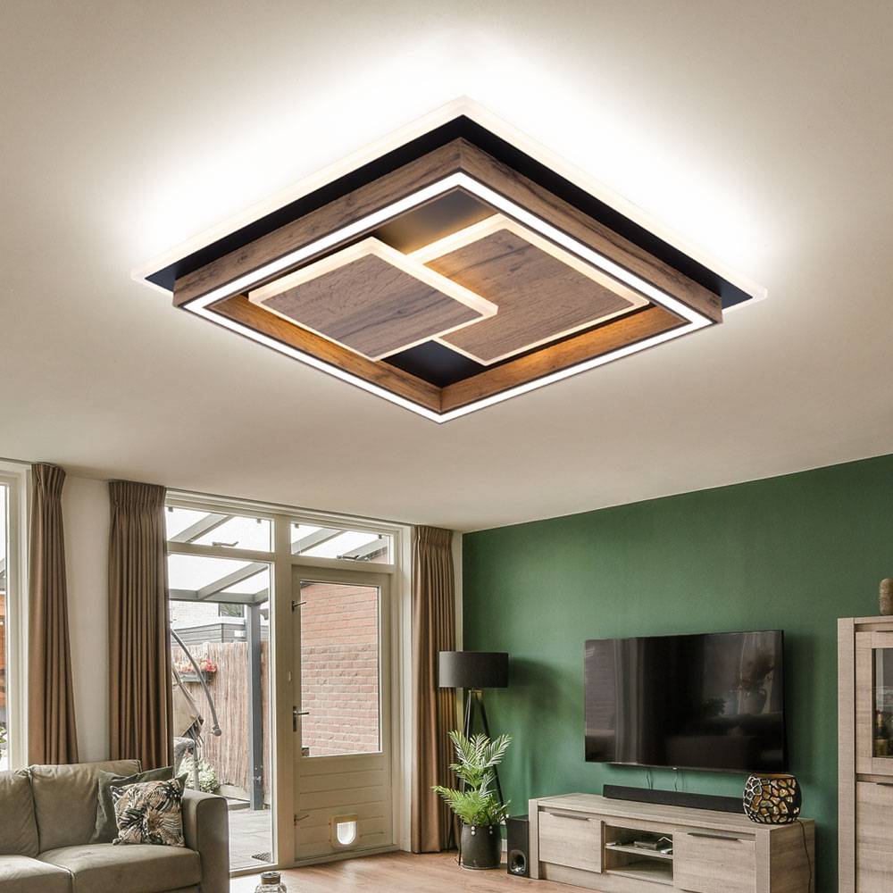 Deckenlampe Deckenleuchte Wohnzimmerlampe Esszimmerleuchte, 3 Stufen, Holzoptik MDF Metall schwarz opal, LED 32W 1600Lm wamweiß, LxBxH 41x41x7,6