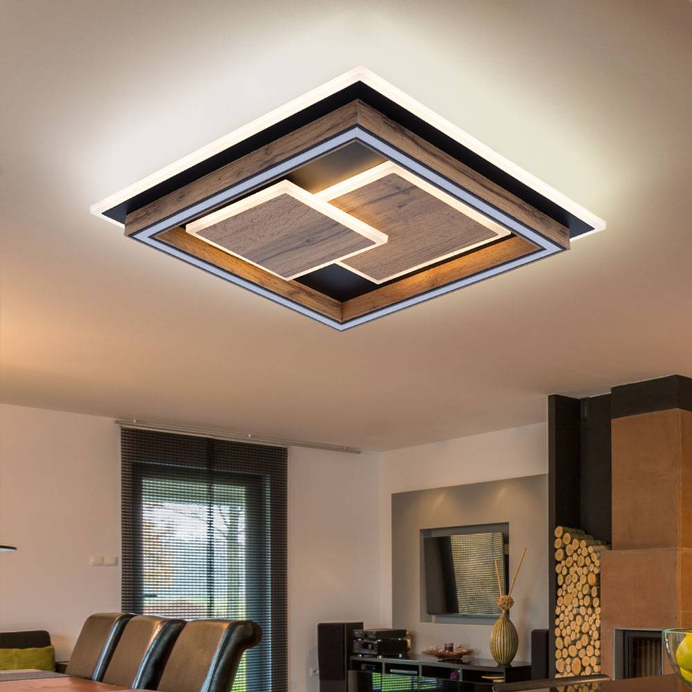 Deckenlampe Deckenleuchte Wohnzimmerlampe Esszimmerleuchte, Holzoptik MDF Metall schwarz opal, LED 32W 1600Lm wamweiß, LxBxH 41x41x7,6