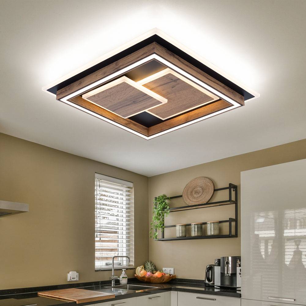 Deckenlampe Deckenleuchte Wohnzimmerlampe Esszimmerleuchte, Holzoptik MDF Metall schwarz opal, LED 32W 1600Lm wamweiß, LxBxH 41x41x7,6