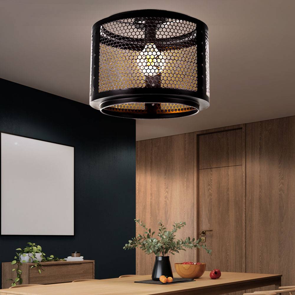 Deckenleuchte Deckenlampe Wohnzimmerleuchte schwarz gold Retrolampe Esstischleuchte, Gitterschirm Metall rund, 1x E27 Fassung, DxH 40x34 cm