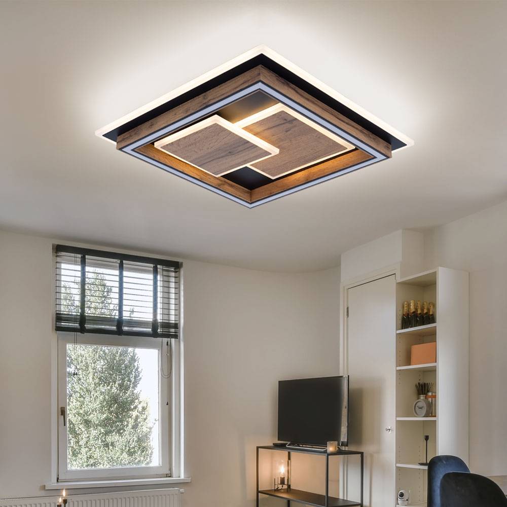 Deckenlampe Deckenleuchte Wohnzimmerlampe Esszimmerleuchte, 3 Stufen, Holzoptik MDF Metall schwarz opal, LED 32W 1600Lm wamweiß, LxBxH 41x41x7,6