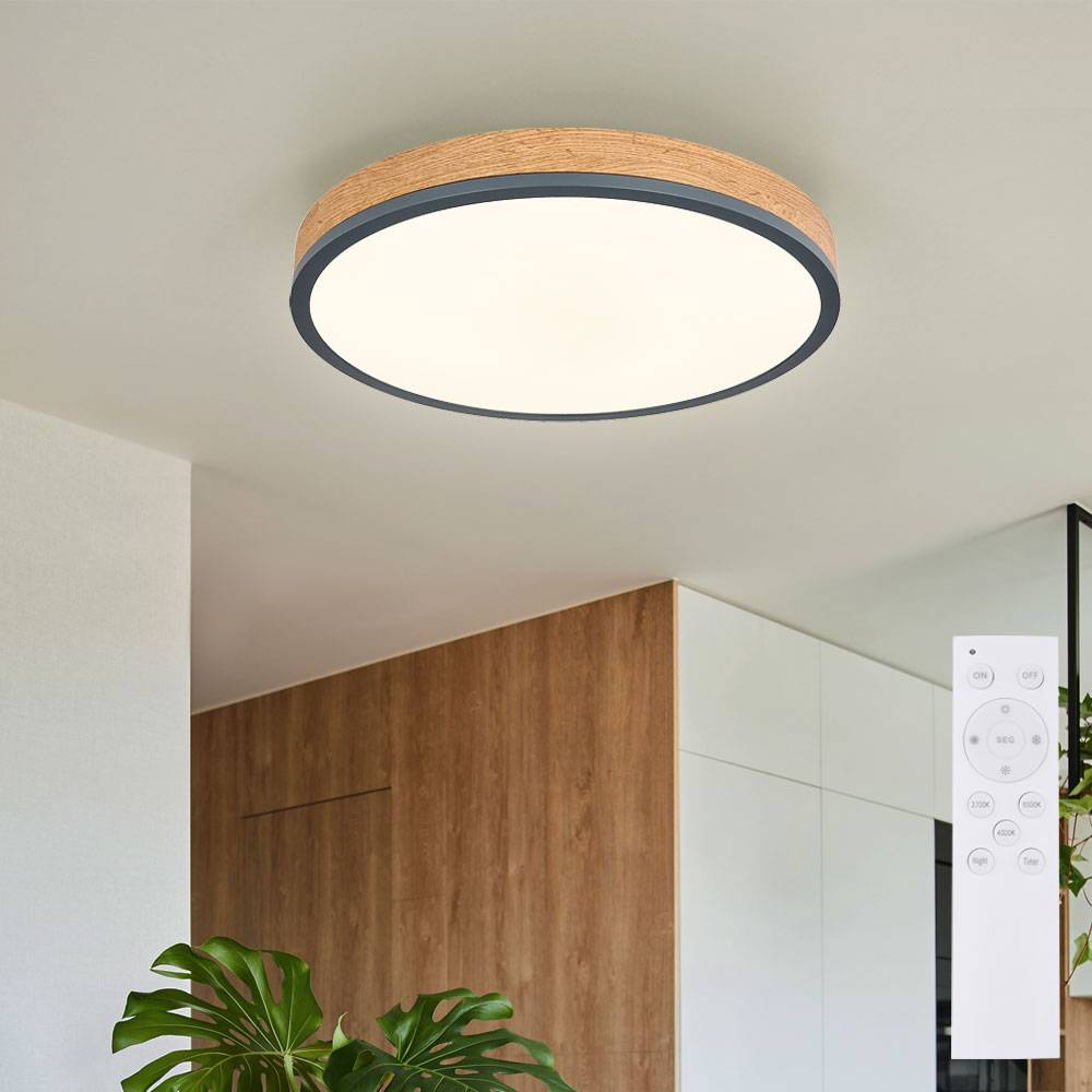 Deckenleuchte rund Holz dimmbar LED Deckenlampe mit Fernbedienung Holzlampe Decke Wohnzimmer, CCT Timer Memoryfunktion, 24W 1800Lm, DxH 45x8,5 cm