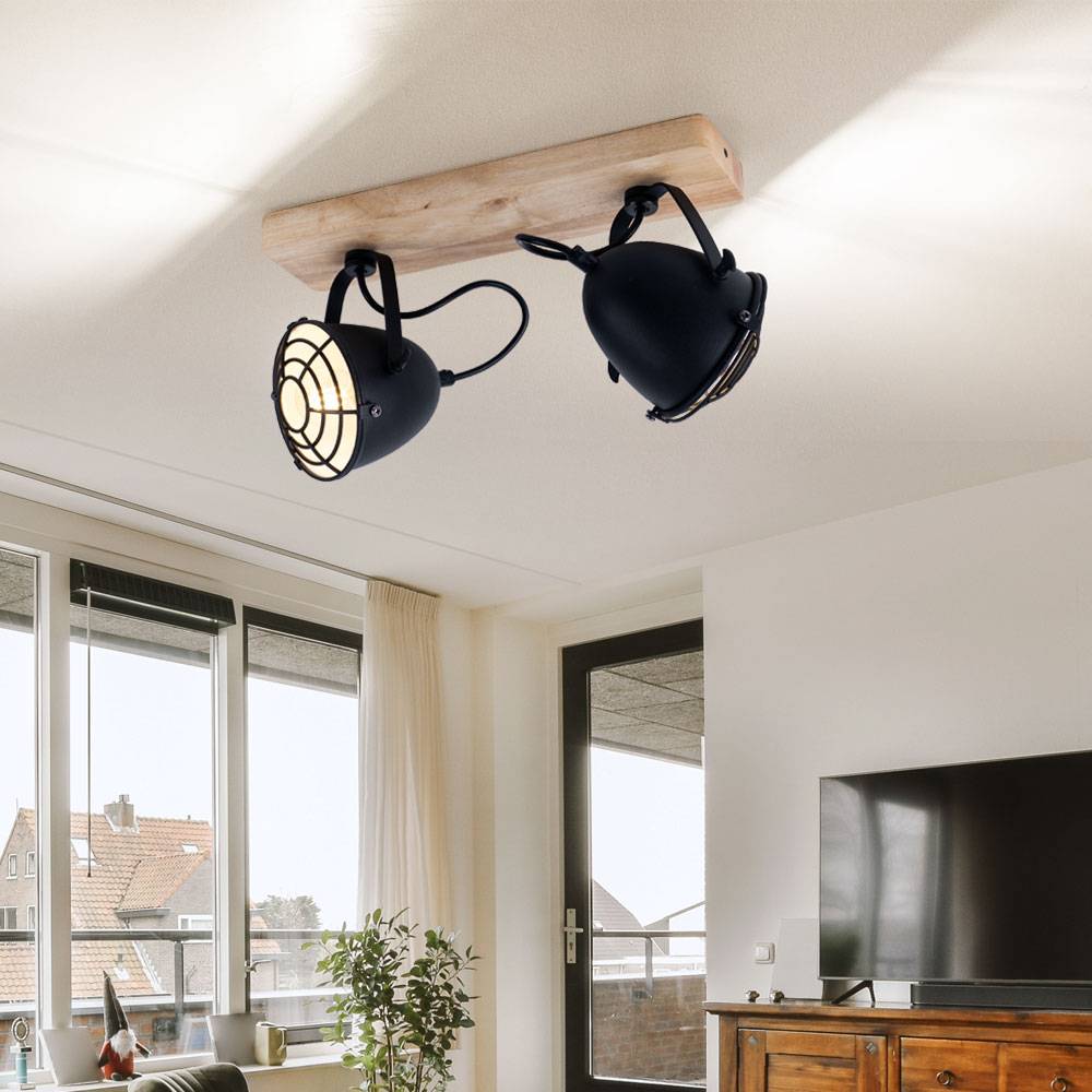 LED Deckenlampe Spotleuchte Wohnzimmerlampe Esszimmerlampe, Metall schwarz Gitter Holz, 2 Flammig E14 Spots beweglich dimmbar Fernbedienung RGB