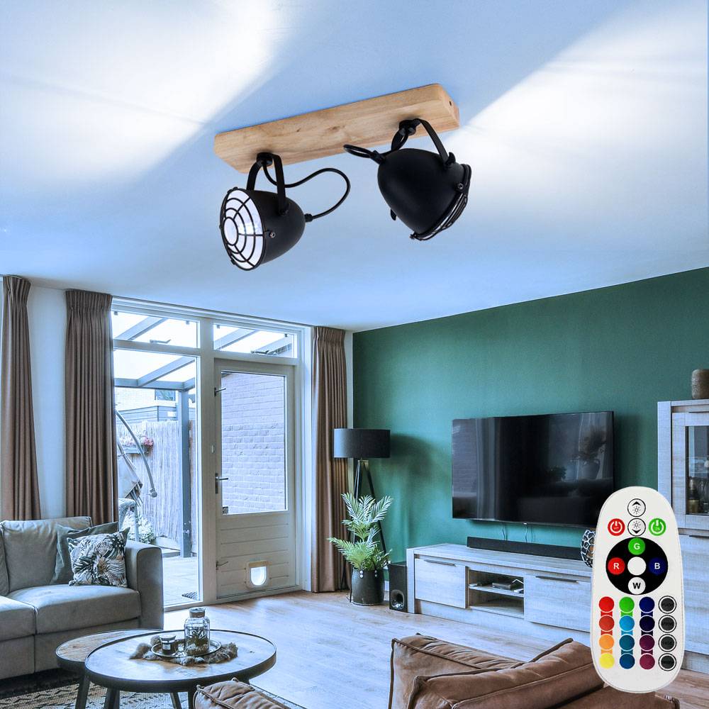 LED Deckenlampe Spotleuchte Wohnzimmerlampe Esszimmerlampe, Metall schwarz Gitter Holz, 2 Flammig E14 Spots beweglich dimmbar Fernbedienung RGB
