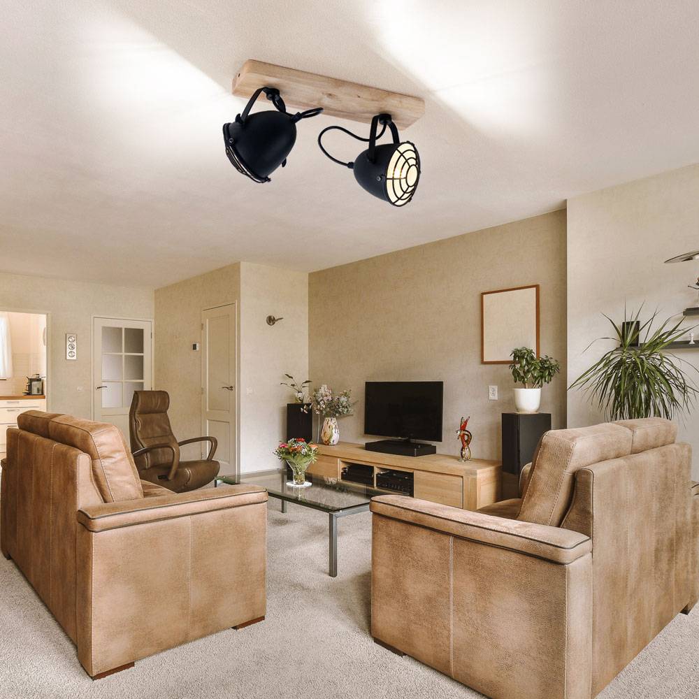 LED Deckenlampe Spotleuchte Wohnzimmerlampe Esszimmerlampe, Metall schwarz Gitter Holz, 2 Flammig E14 Spots beweglich dimmbar Fernbedienung RGB