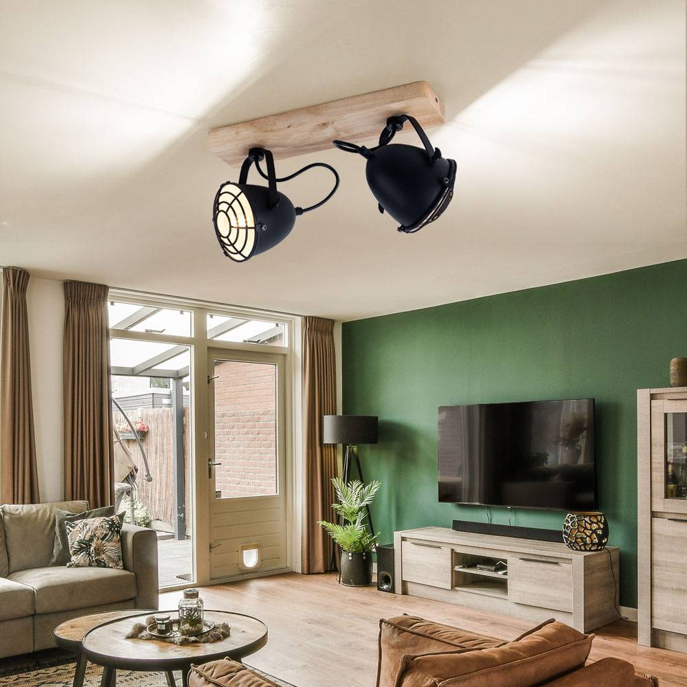 LED Deckenlampe Spotleuchte Wohnzimmerlampe Esszimmerlampe, Metall schwarz Gitter Holz, 2 Flammig E14 Spots beweglich dimmbar Fernbedienung RGB