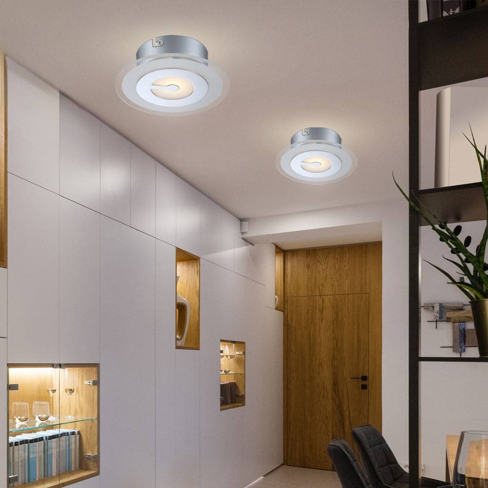 Deckenlampe LED Deckenleuchte rund Flurlampe chrom Küchenleuchte, Glas teilsatiniert, 5W 400lm warmweiß, DxH 16x5,2 cm, 2er Set