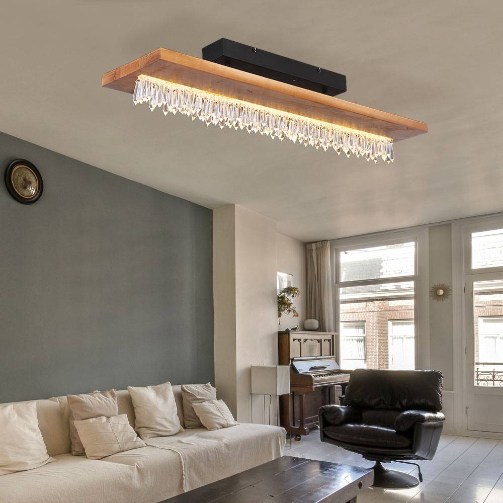 Deckenleuchte Kristall modern Deckenlampe Holz LED Holzleuchte Esszimmer, Kristalldekor, Holzoptik, Metall schwarz klar opal, 1x LED 25W 1546Lm