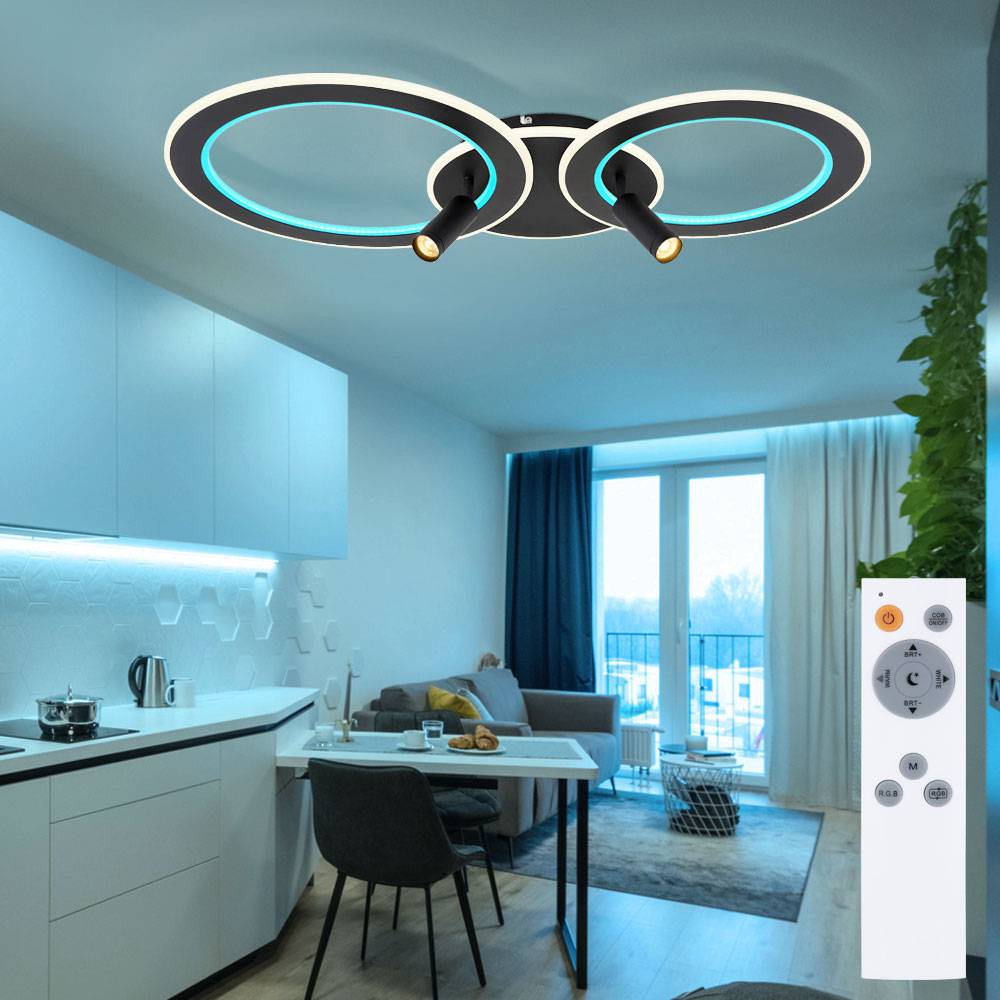 LED Deckenleuchte Deckenlampe Wohnzimmerlampe Esszimmerleuchte, Metall schwarz Acryl, dimmbar Fernbedienung RGB CCT Spots beweglich, 60W 2579Lm