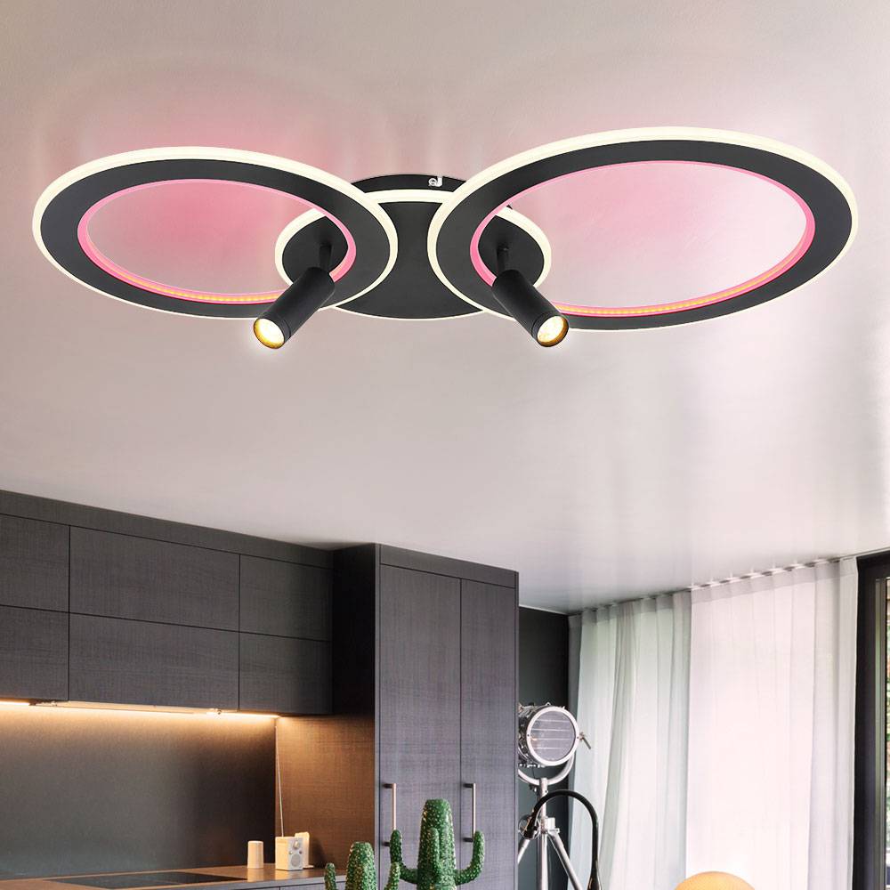 LED Deckenleuchte Deckenlampe Wohnzimmerlampe Esszimmerleuchte, Metall schwarz Acryl, dimmbar Fernbedienung RGB CCT Spots beweglich, 60W 2579Lm