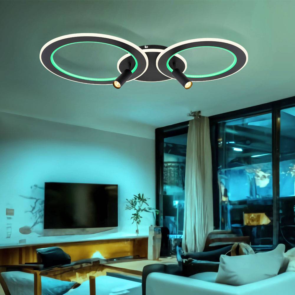 LED Deckenleuchte Deckenlampe Wohnzimmerlampe Esszimmerleuchte, Metall schwarz Acryl, dimmbar Fernbedienung RGB CCT Spots beweglich, 60W 2579Lm