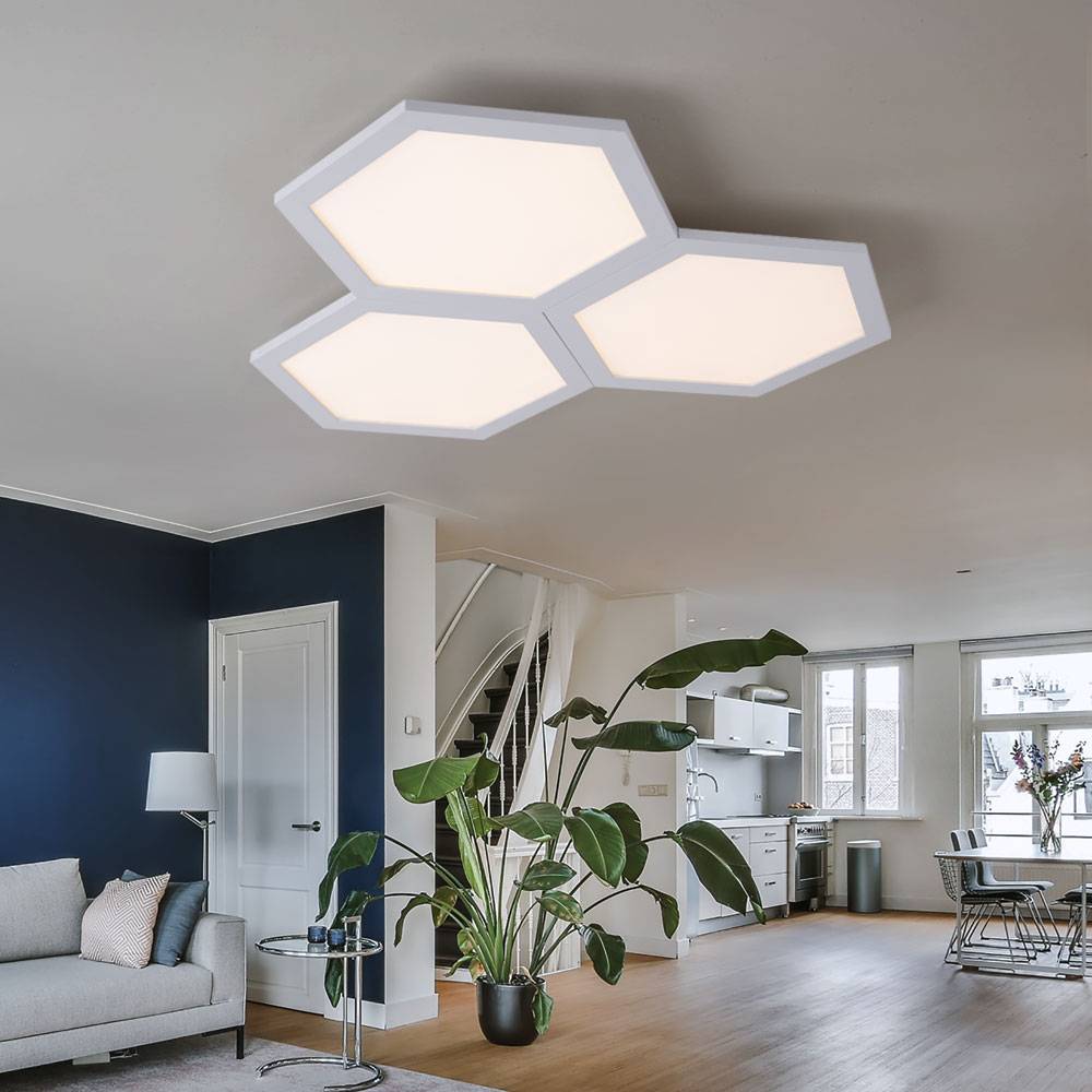 LED Deckenleuchte Deckenlampe eckig Schlafzimmerleuchte 3 flammig, modern Metall weiß opal, 1x LED 36W 2160Lm 3000K, HxLxB 4,2x52x52cm