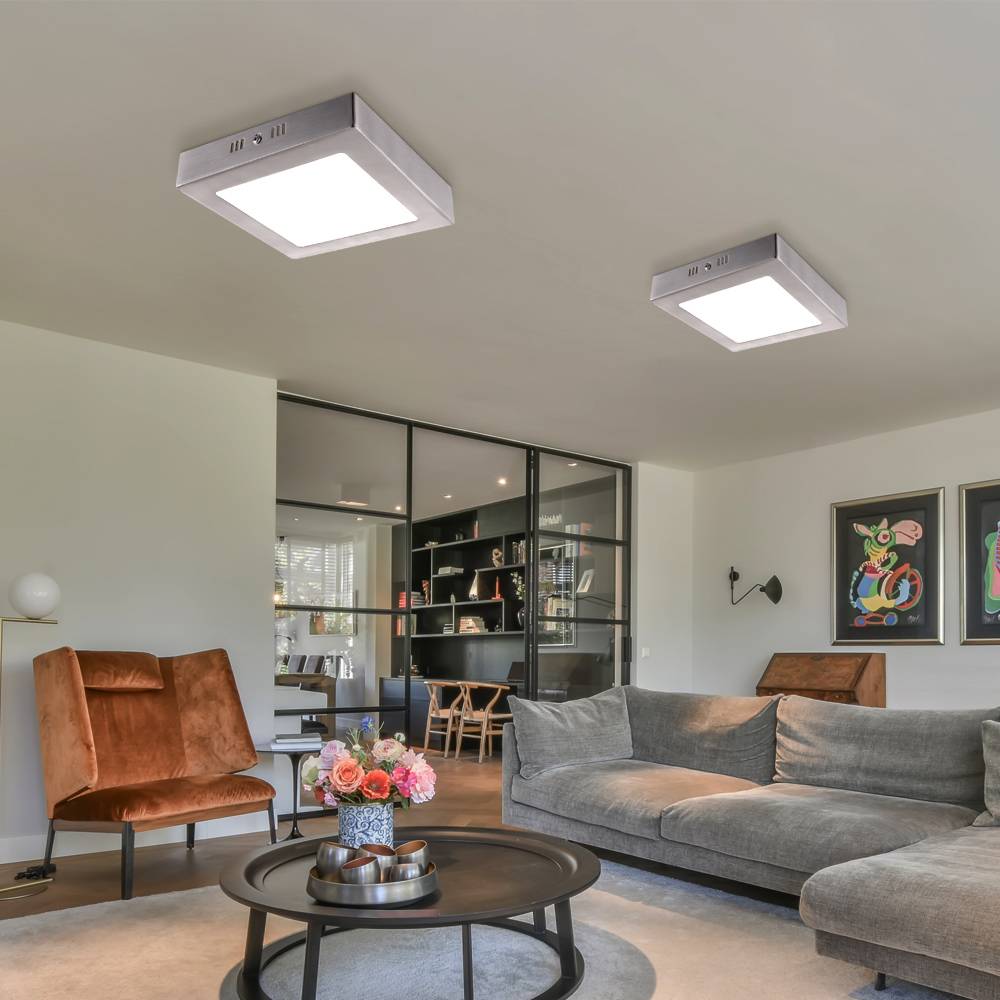 Deckenleuchte quadratisch LED Flurlampe silber Deckenlampe Wohnzimmer, Glas satiniert, 6W 400lm warmweiß, LxBxH 12x12x4 cm