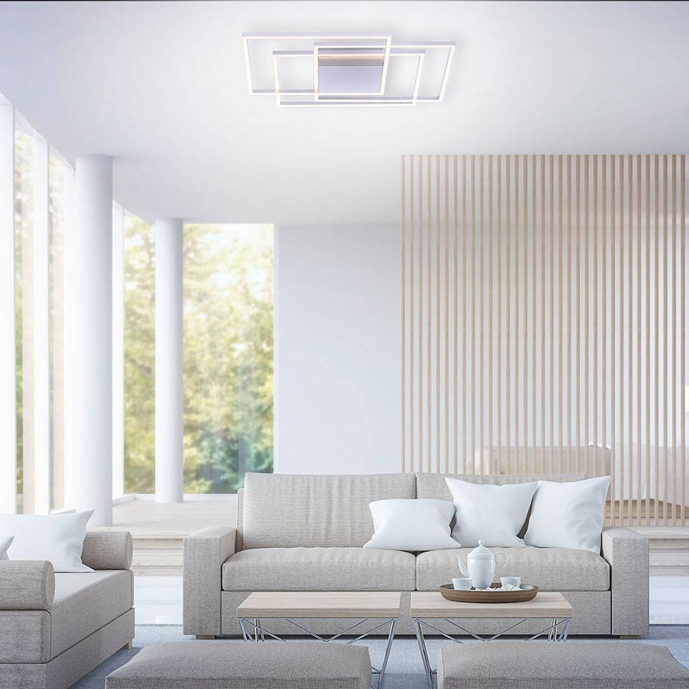 LED Designleuchte dimmbar Deckenlampe stahlfarben Deckenleuchte Wohnzimmerlampe, Metall, silber, LED 48W 3000lm warmweiß, LxBxH 75x75x7 cm