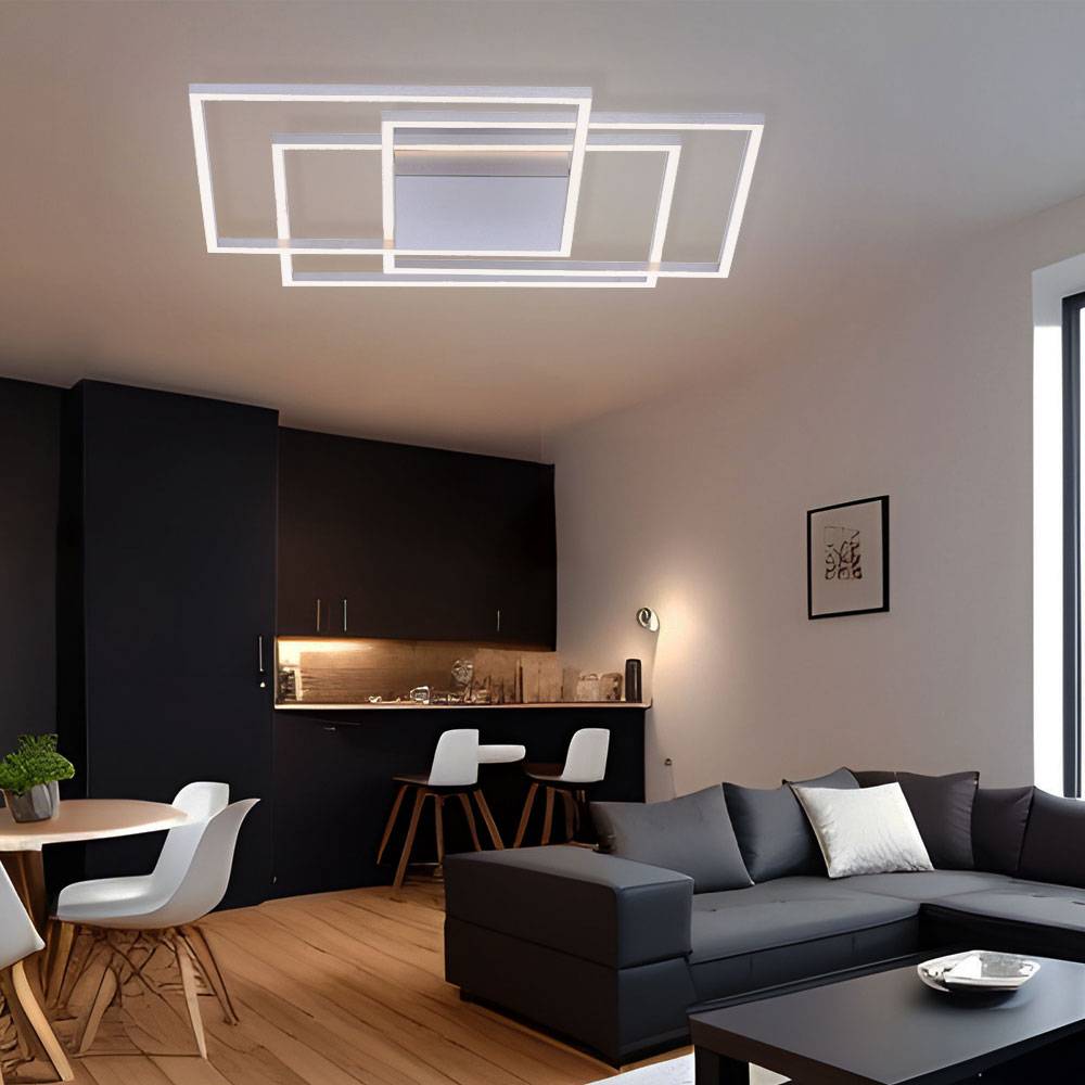 LED Designleuchte dimmbar Deckenlampe stahlfarben Deckenleuchte Wohnzimmerlampe, Metall, silber, LED 48W 3000lm warmweiß, LxBxH 75x75x7 cm