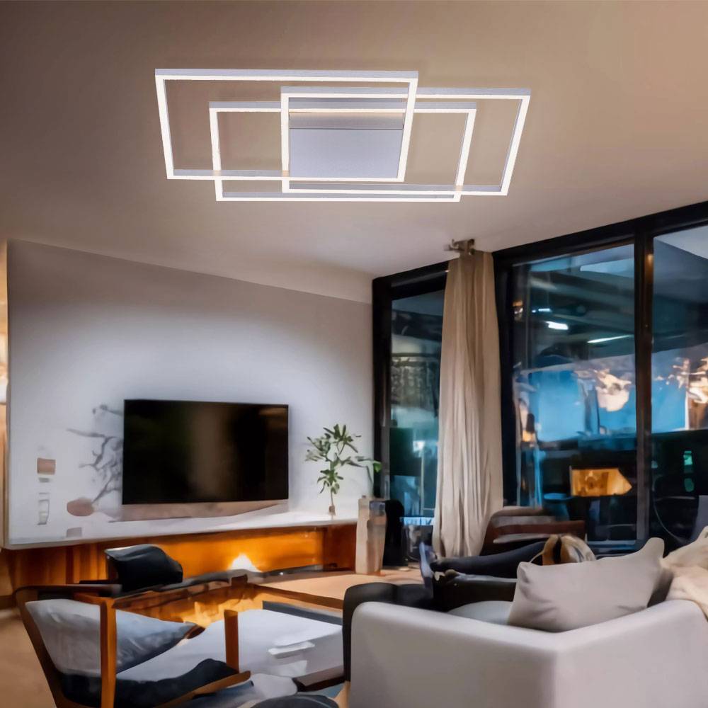 LED Designleuchte dimmbar Deckenlampe stahlfarben Deckenleuchte Wohnzimmerlampe, Metall, silber, LED 48W 3000lm warmweiß, LxBxH 75x75x7 cm